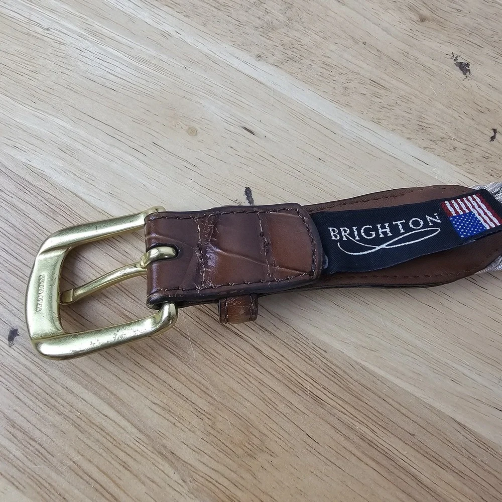 Brighton Mens 42‎ Brown Leather Woven Stretch Belt Gold Buckle Croc Trim 3350